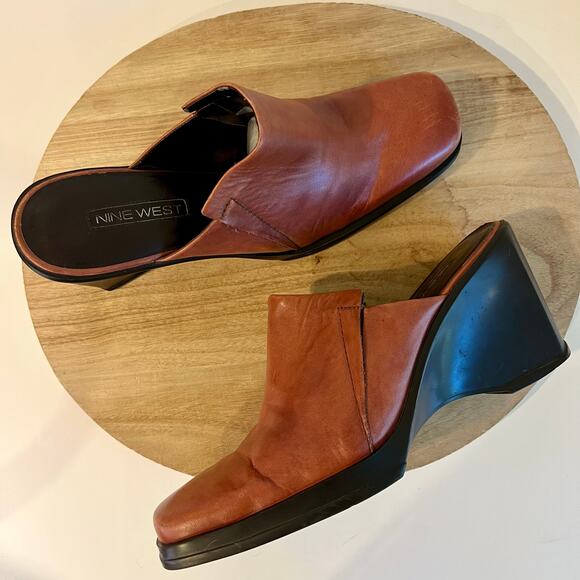 Nine West Vintage 90s Red Genuine Leather Chunky Wedge Mule Heel Size 10 - Picture 8 of 11